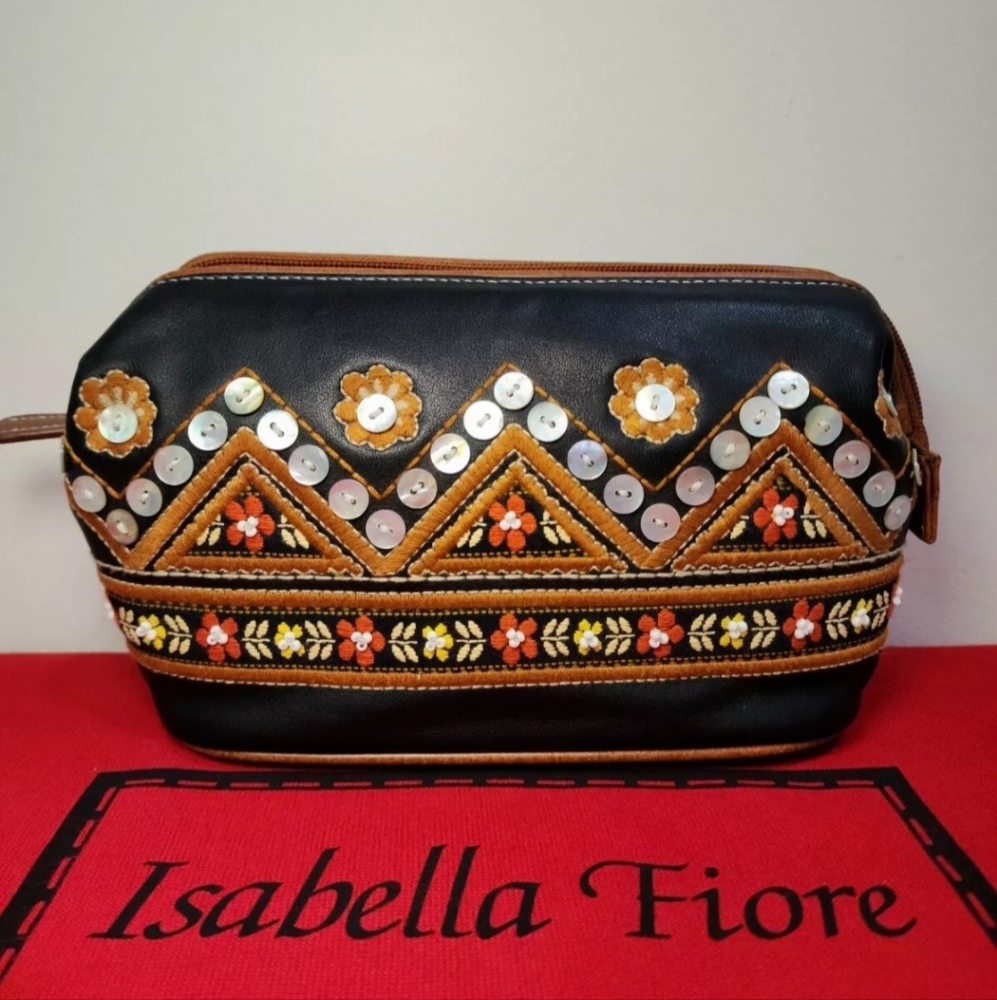 Isabella Fiore Flowe Beaded Leather Pouch Clutch Make-up Bag